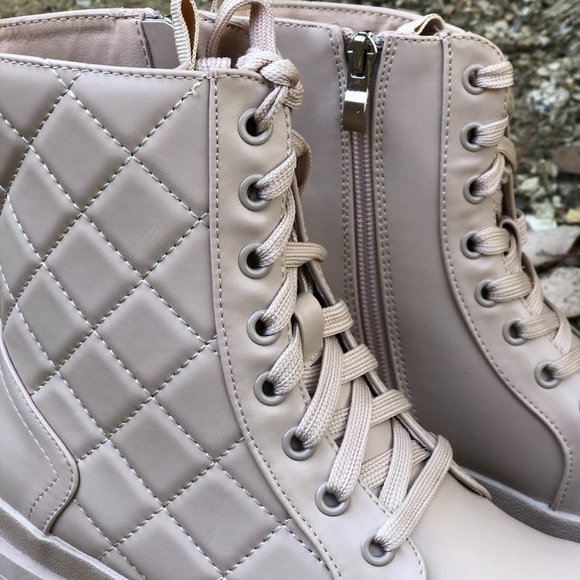 [New] Nude Beige Quilted Laced Up Lug Sole Platform Combat Boots Booties Shoes - Picture 4 of 6
